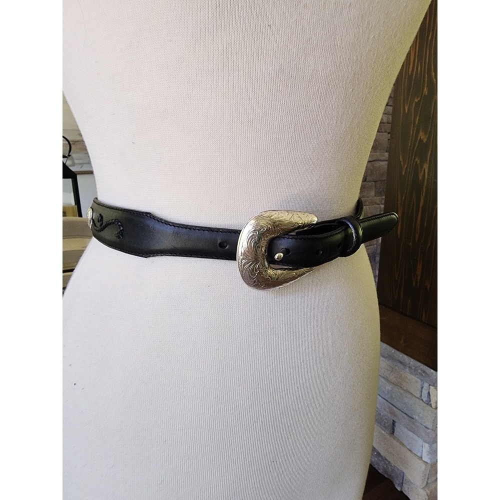 Tony Lama Black Leather Western Belt with Engraved Silver Buckle